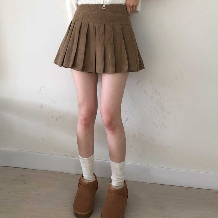 골덴 플리츠 미니스커트 치마바지 베이지