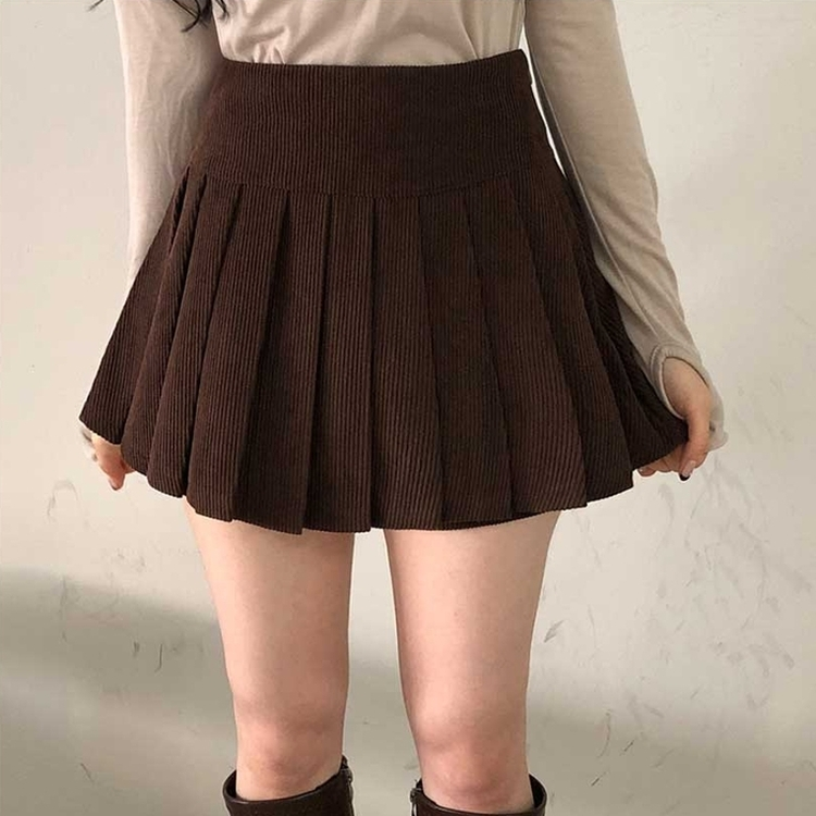 골덴 플리츠 미니스커트 치마바지 브라운