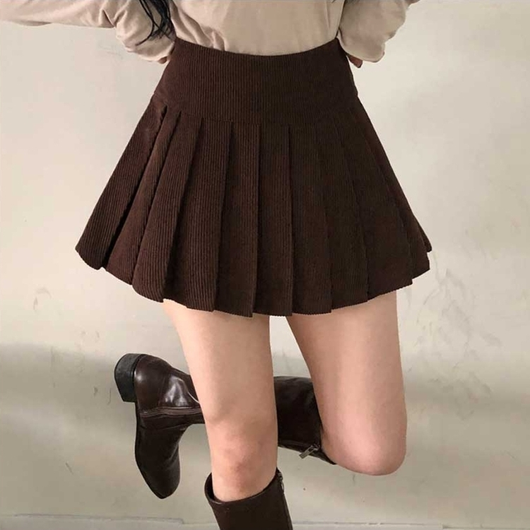 골덴 플리츠 미니스커트 치마바지 브라운