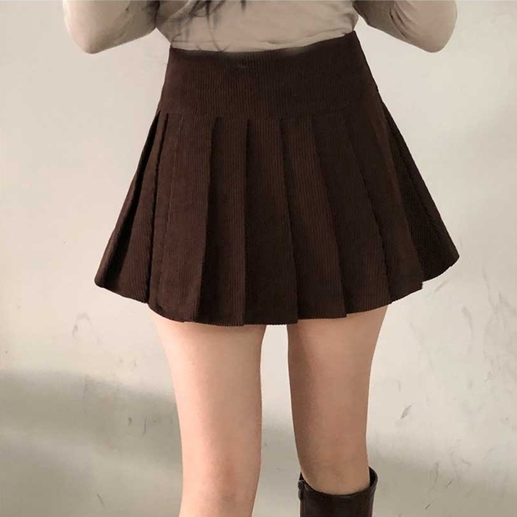 골덴 플리츠 미니스커트 치마바지 브라운