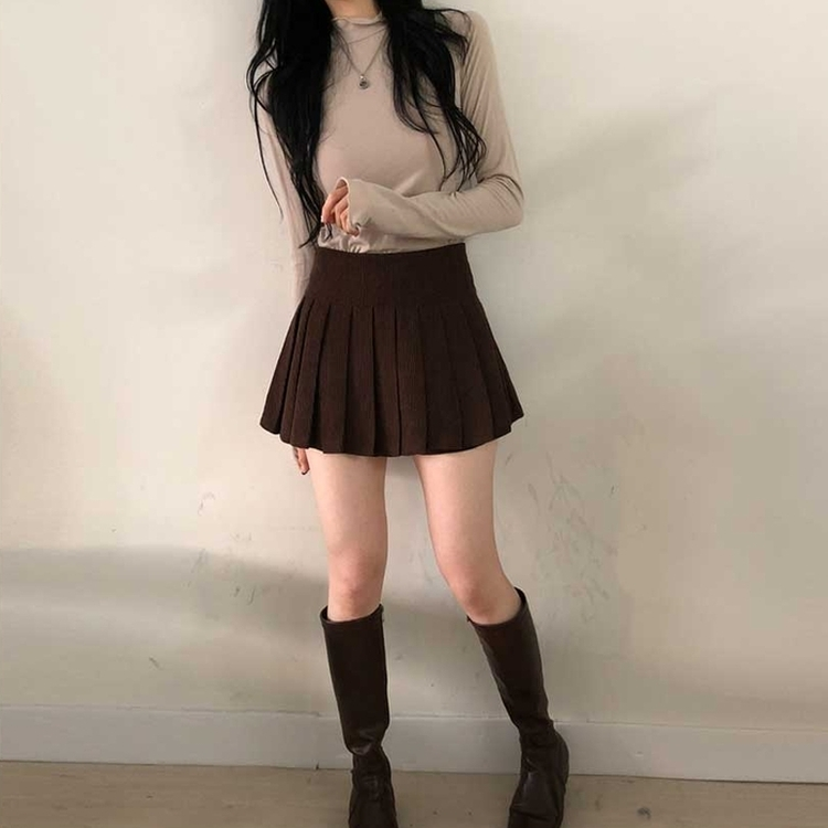 골덴 플리츠 미니스커트 치마바지 브라운