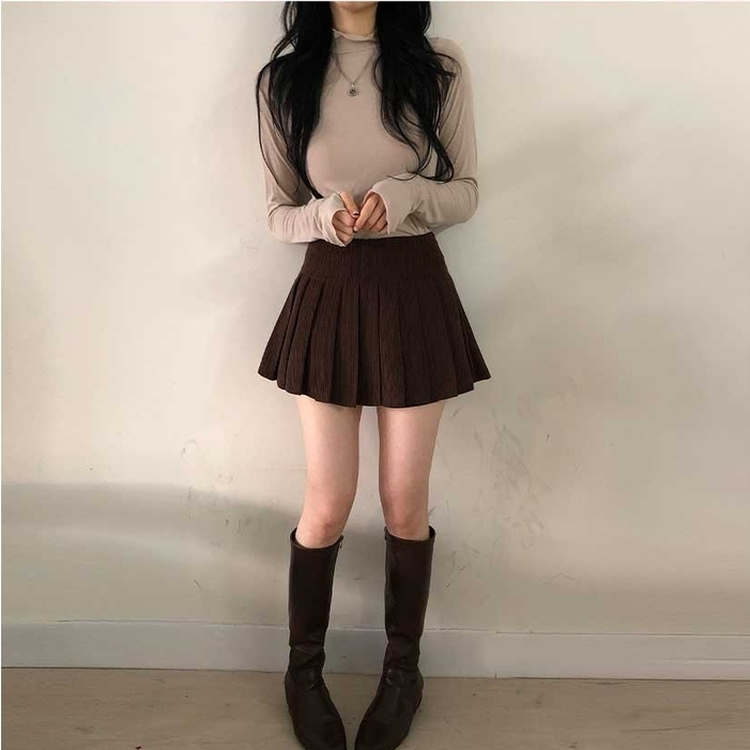 골덴 플리츠 미니스커트 치마바지 브라운