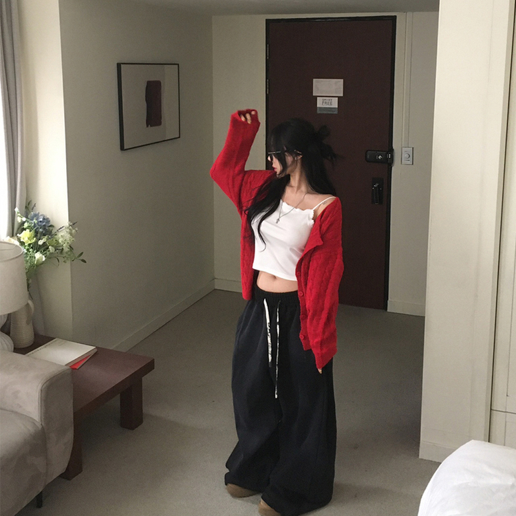 ケーブルベーシックカーディガン(6color) RED