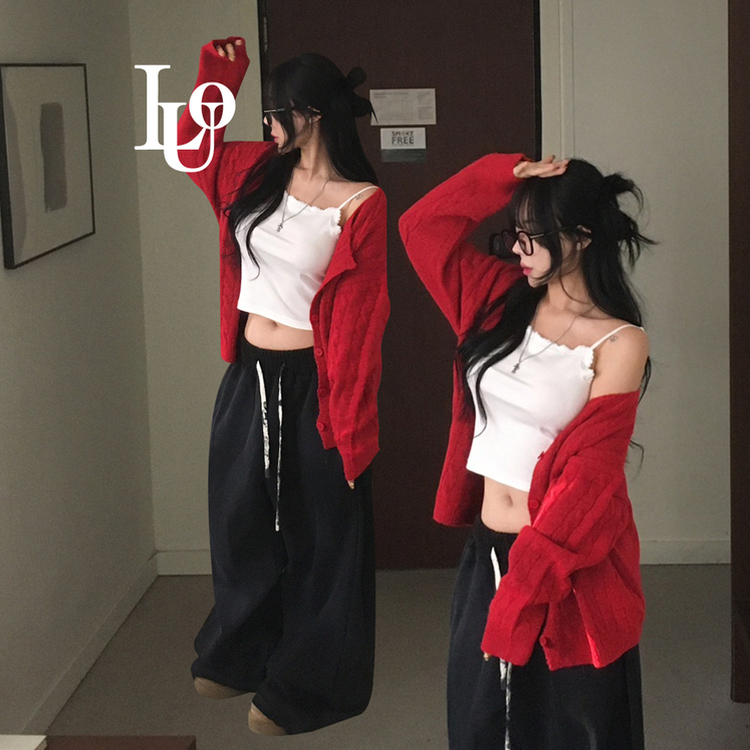 ケーブルベーシックカーディガン(6color) RED