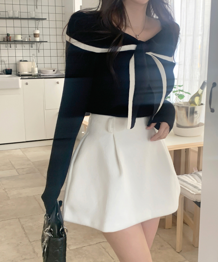 オフショルダースクエアネックリボンフェミニンニット