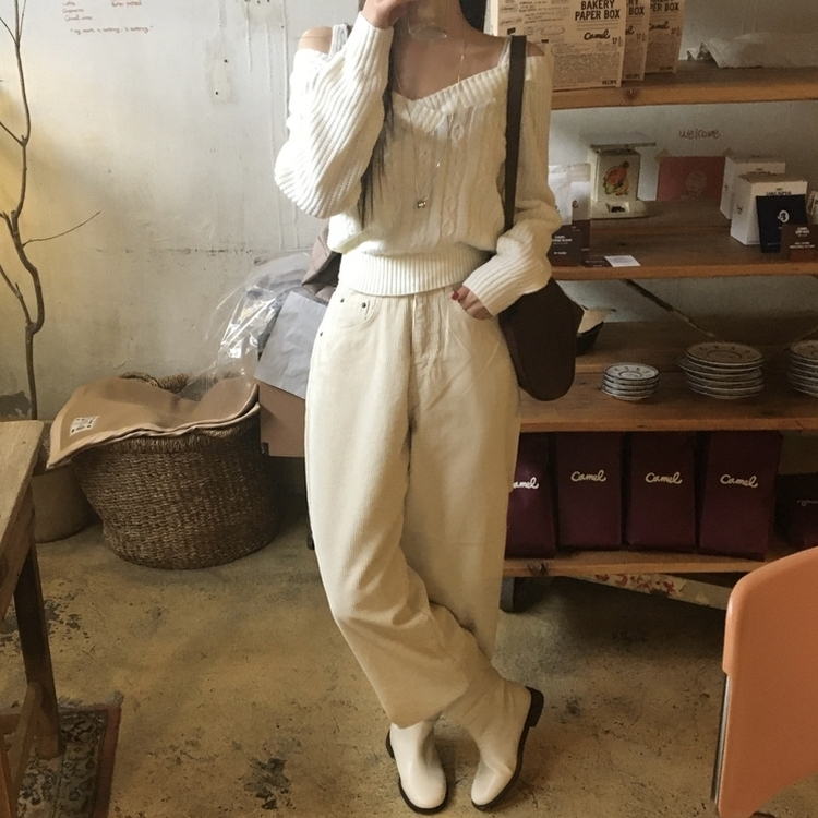コーデュロイストリングワイドカジュアルロングパンツ