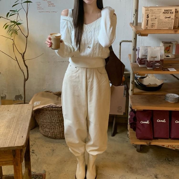 コーデュロイストリングワイドカジュアルロングパンツ