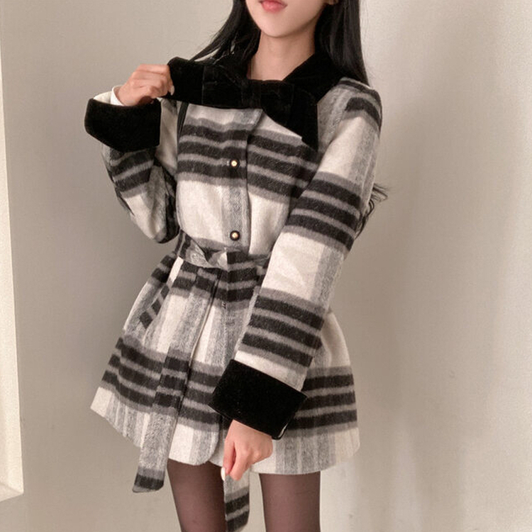リボンブローチチェックバイカラーベルトハーフコート