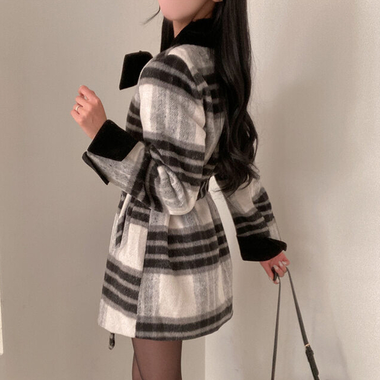 リボンブローチチェックバイカラーベルトハーフコート