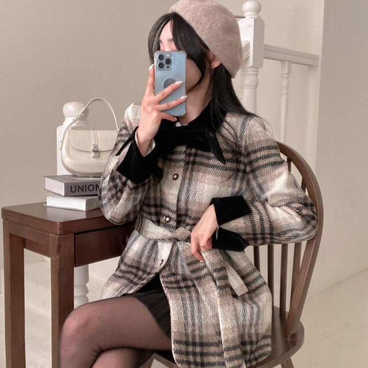 リボンブローチチェックバイカラーベルトハーフコート
