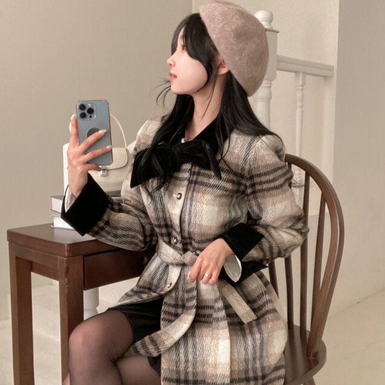 リボンブローチチェックバイカラーベルトハーフコート