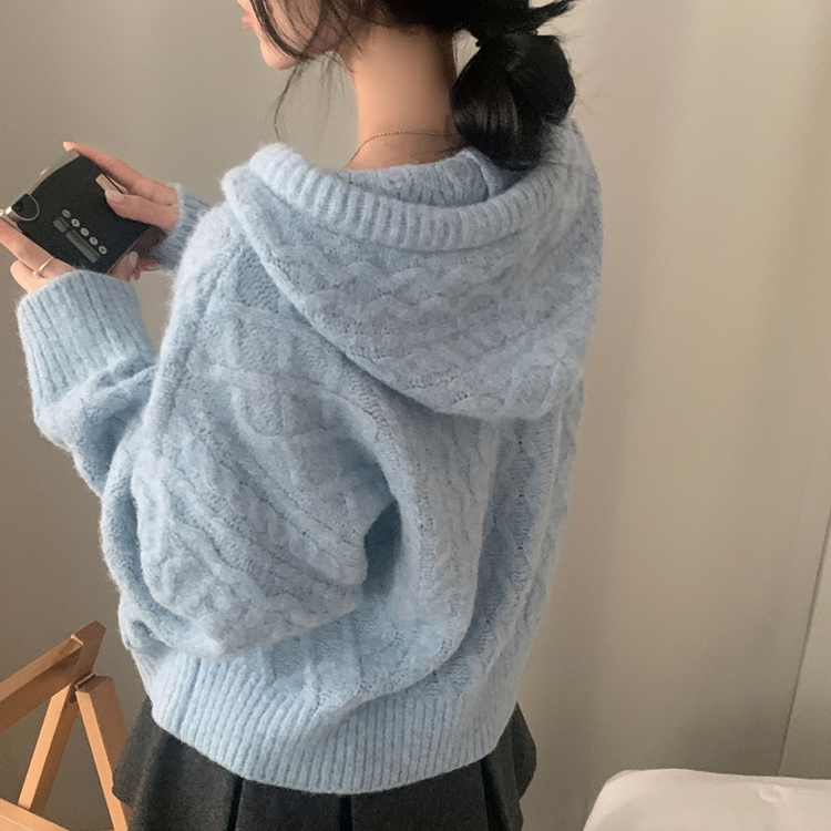 ツイストルーズフィットケーブルフードニット(7color) SKY BLUE