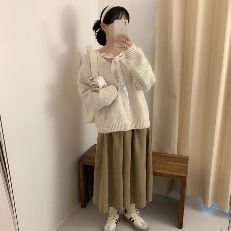 レースリボンVネックルーズフィットニット