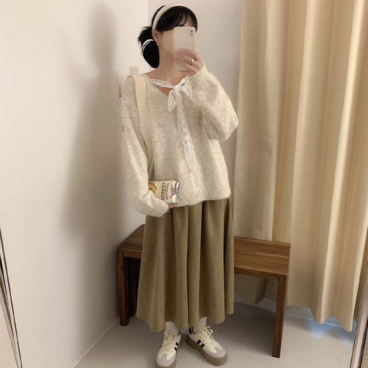 レースリボンVネックルーズフィットニット