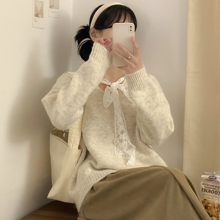 レースリボンVネックルーズフィットニット