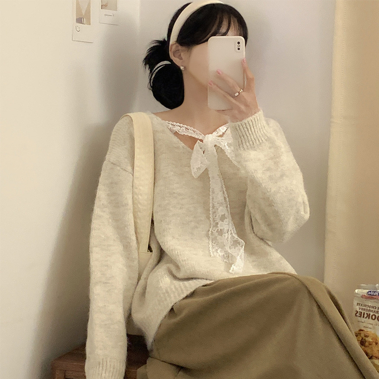 レースリボンVネックルーズフィットニット