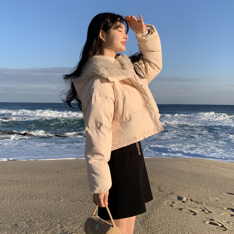(ダックダウン/軽くて暖かい/ファーカラー&ファーフード/裾ストリング) Elaren プレミアム2WAYアシンメトリークロップパディング PINK