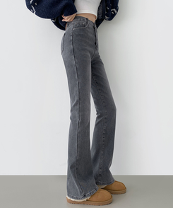 【丈別】【起毛】バンディングロングブーツカットデニムパンツ(6color) GREY