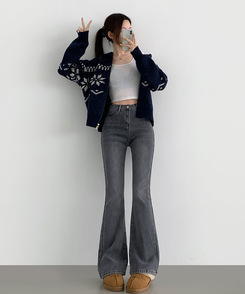 【丈別】【起毛】バンディングロングブーツカットデニムパンツ(6color) GREY