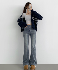 【丈別】【起毛】バンディングロングブーツカットデニムパンツ(6color) VINTAGE GREEN