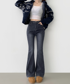 【丈別】【起毛】バンディングロングブーツカットデニムパンツ(6color) DARK DENIM