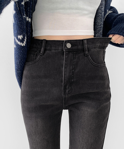 【丈別】【起毛】バンディングロングブーツカットデニムパンツ(6color) BLACK DENIM