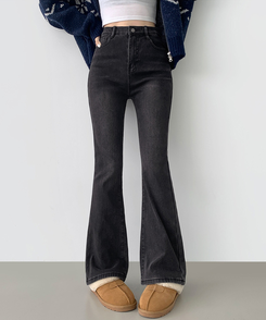 【丈別】【起毛】バンディングロングブーツカットデニムパンツ(6color) BLACK DENIM