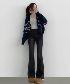 【丈別】【起毛】バンディングロングブーツカットデニムパンツ(6color) BLACK DENIM