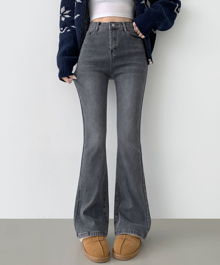 【丈別】【起毛】バンディングロングブーツカットデニムパンツ(6color) GREY