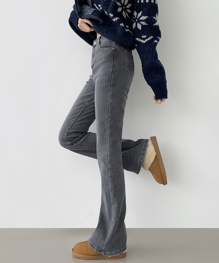 【丈別】【起毛】バンディングロングブーツカットデニムパンツ(6color) GREY