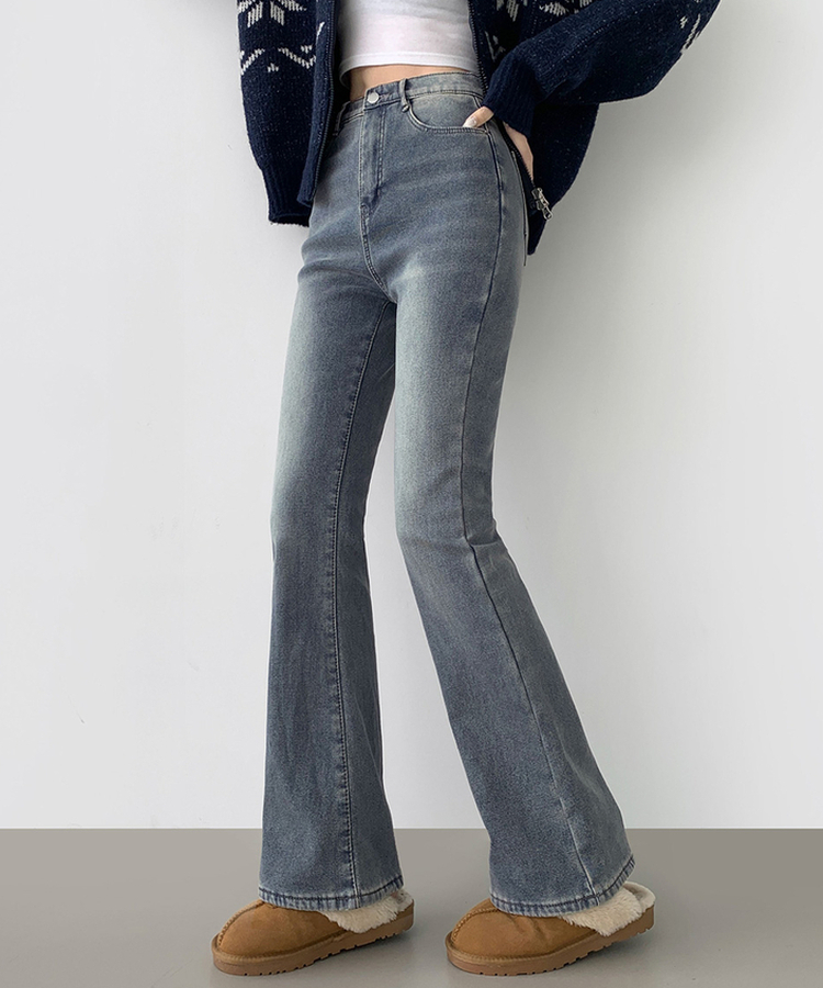 【丈別】【起毛】バンディングロングブーツカットデニムパンツ(6color) VINTAGE GREEN