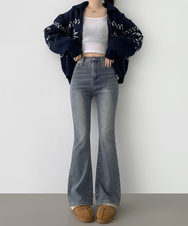 【丈別】【起毛】バンディングロングブーツカットデニムパンツ(6color) VINTAGE GREEN