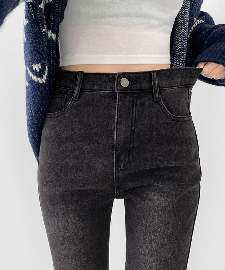 【丈別】【起毛】バンディングロングブーツカットデニムパンツ(6color) BLACK DENIM