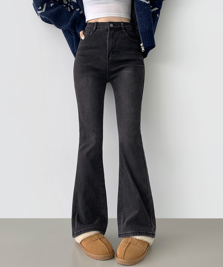 【丈別】【起毛】バンディングロングブーツカットデニムパンツ(6color) BLACK DENIM