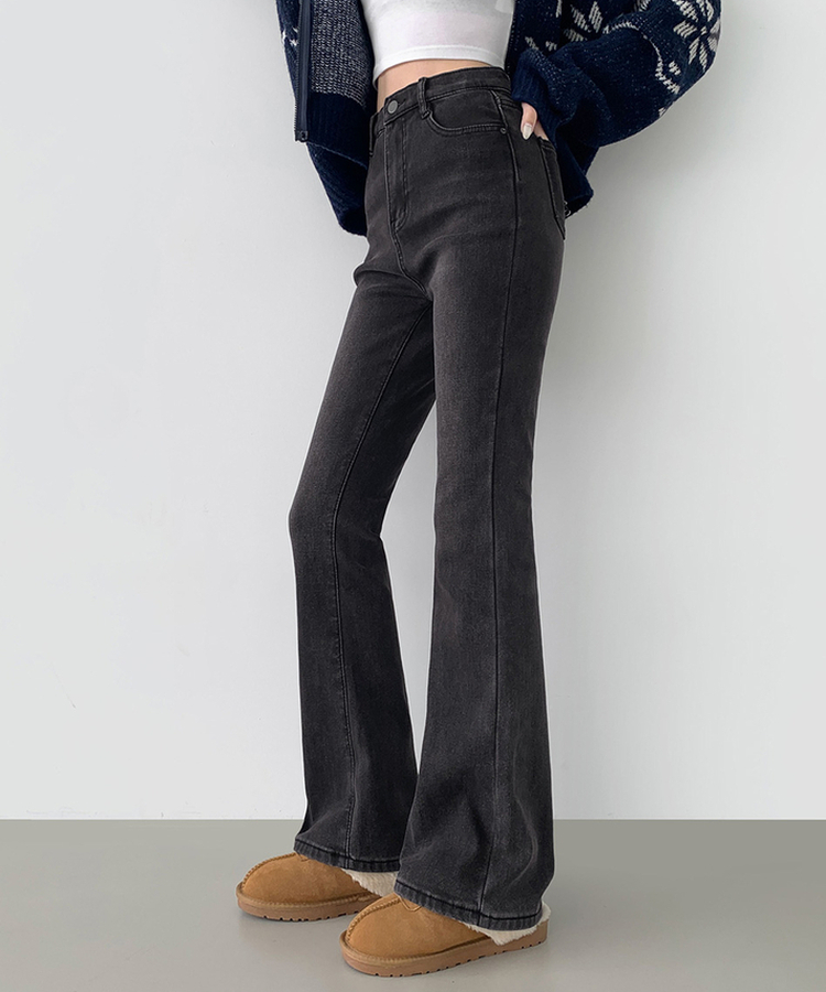 【丈別】【起毛】バンディングロングブーツカットデニムパンツ(6color) BLACK DENIM