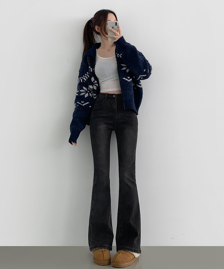 【丈別】【起毛】バンディングロングブーツカットデニムパンツ(6color) BLACK DENIM