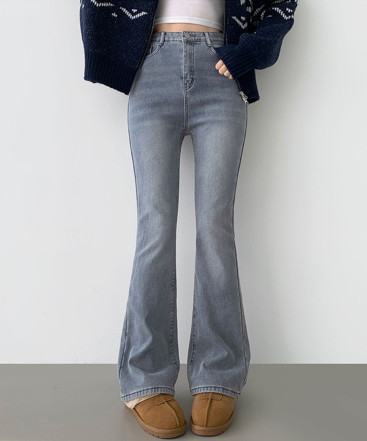 【丈別】【起毛】バンディングロングブーツカットデニムパンツ(6color) LIGHT BLUE