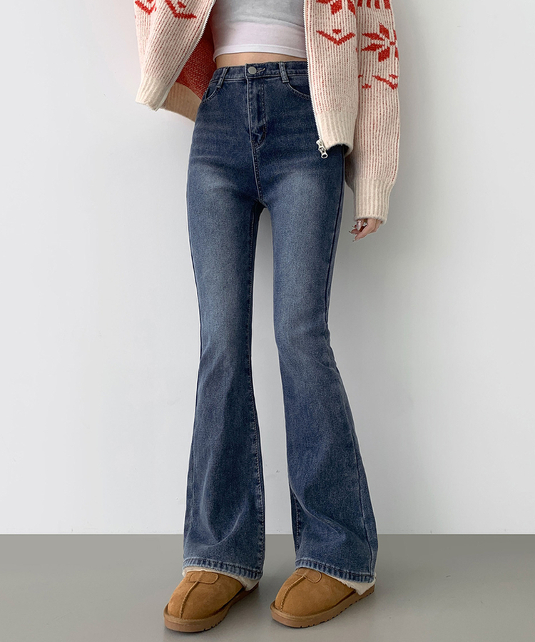 【丈別】【起毛】バンディングロングブーツカットデニムパンツ(6color) BLUE