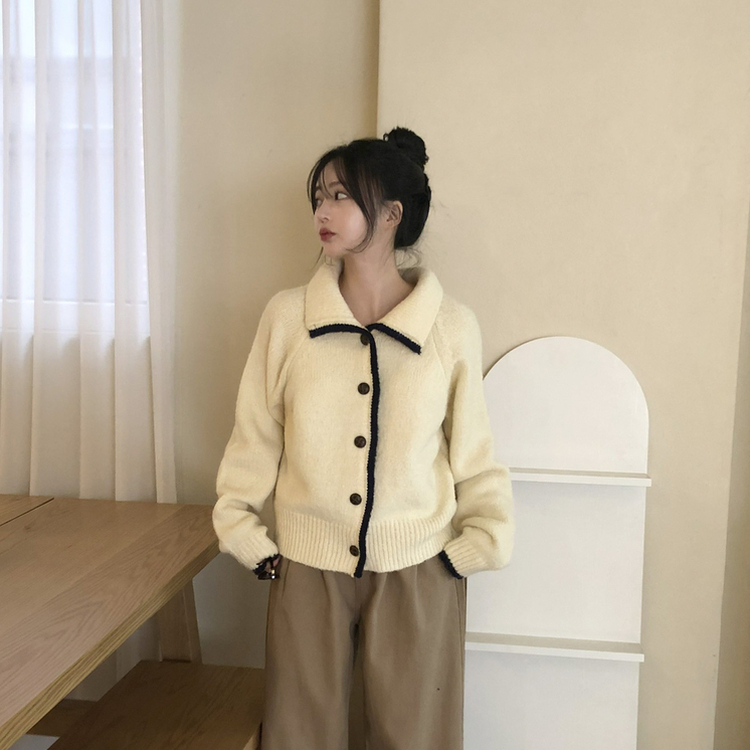 카라 배색 빈티지 버튼 단추 폭닥 가디건 4color