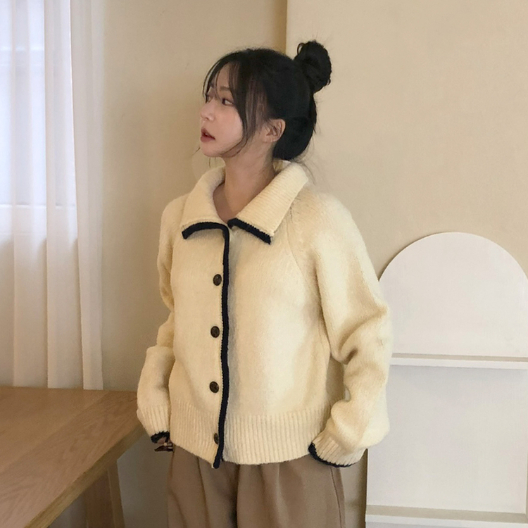 카라 배색 빈티지 버튼 단추 폭닥 가디건 4color