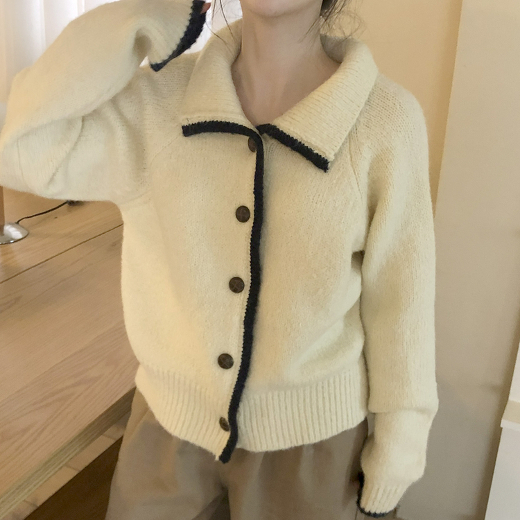 카라 배색 빈티지 버튼 단추 폭닥 가디건 4color