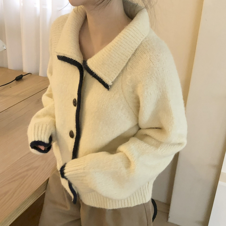 카라 배색 빈티지 버튼 단추 폭닥 가디건 4color