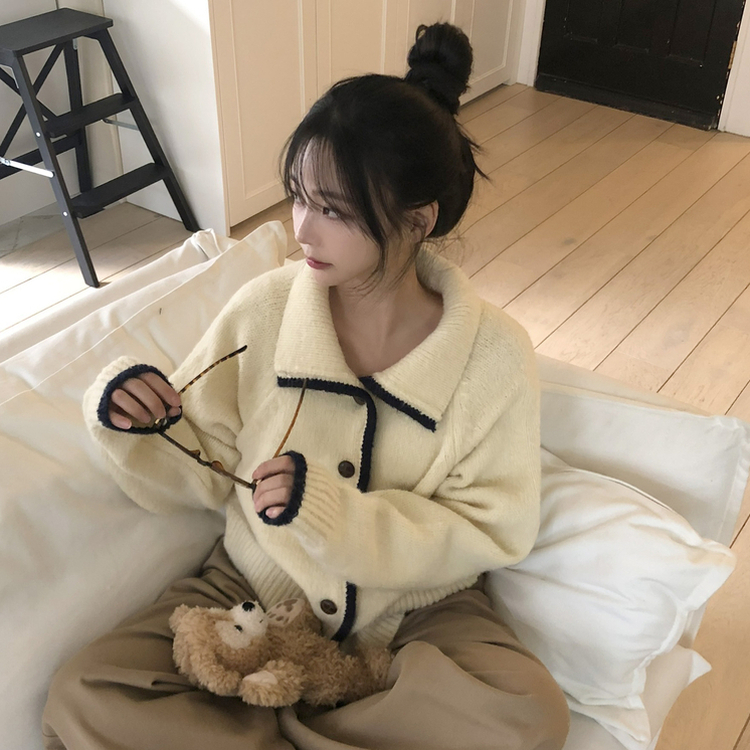 카라 배색 빈티지 버튼 단추 폭닥 가디건 4color