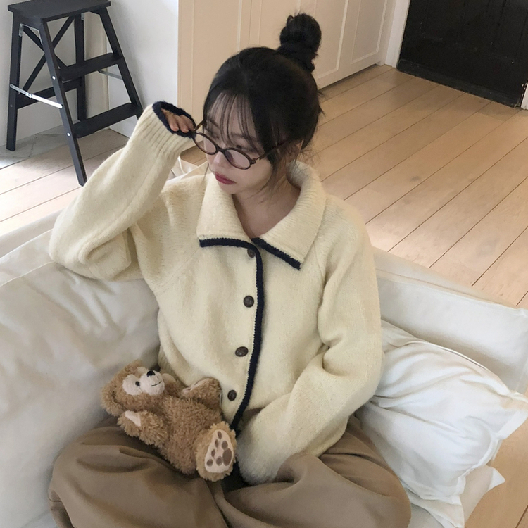 카라 배색 빈티지 버튼 단추 폭닥 가디건 4color