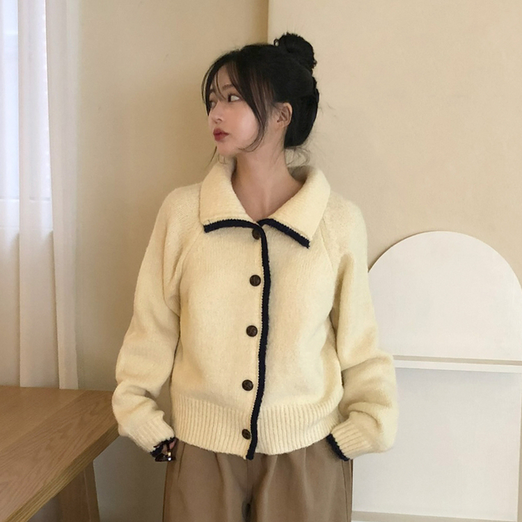 카라 배색 빈티지 버튼 단추 폭닥 가디건 4color