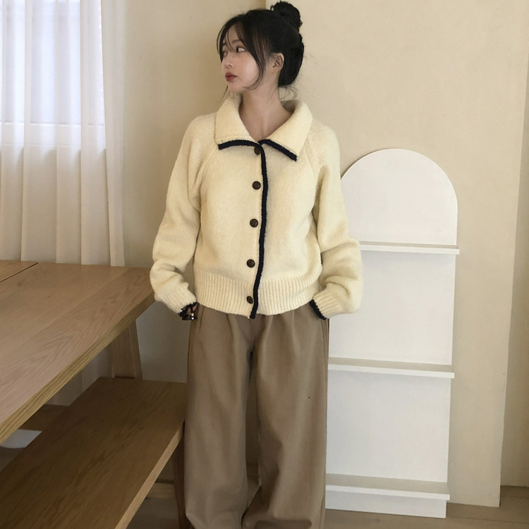 카라 배색 빈티지 버튼 단추 폭닥 가디건 4color