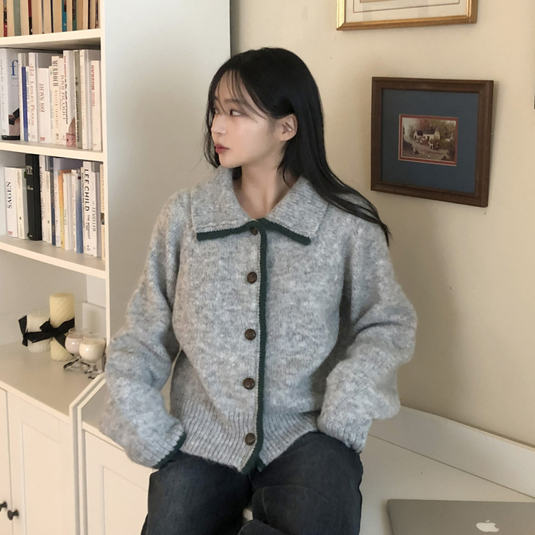 카라 배색 빈티지 버튼 단추 폭닥 가디건 4color