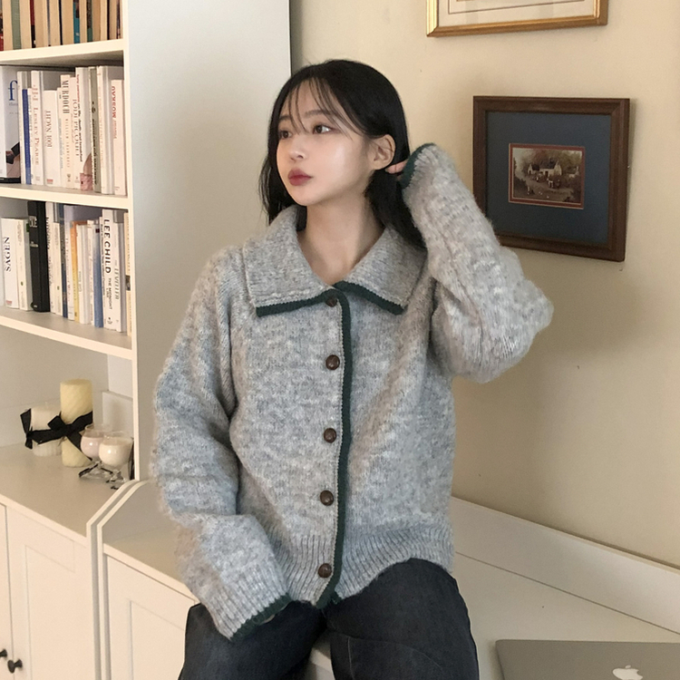 카라 배색 빈티지 버튼 단추 폭닥 가디건 4color