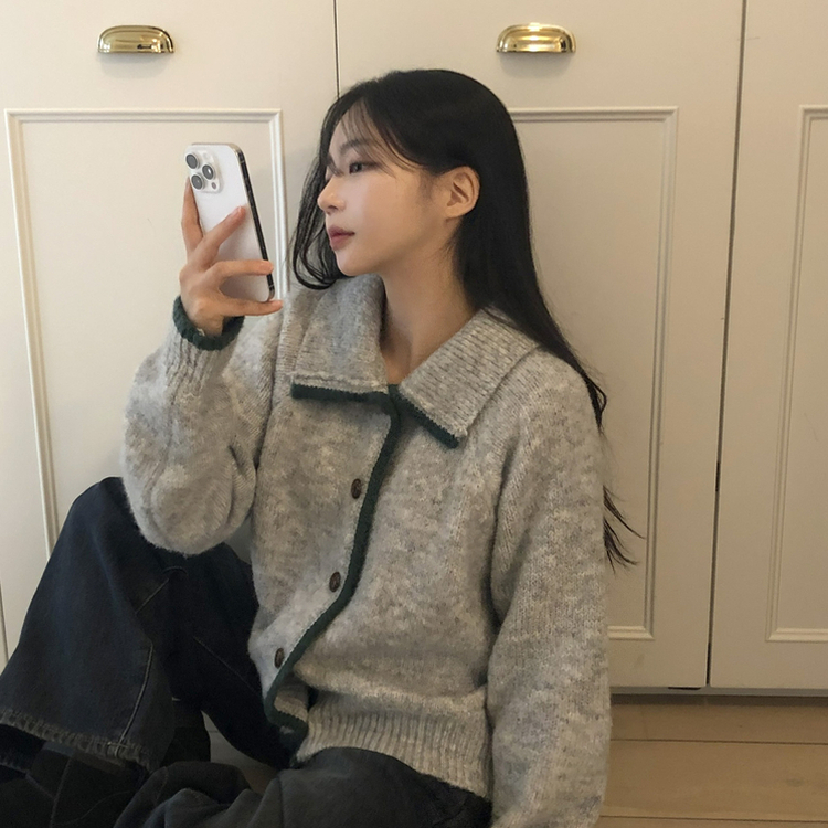 카라 배색 빈티지 버튼 단추 폭닥 가디건 4color