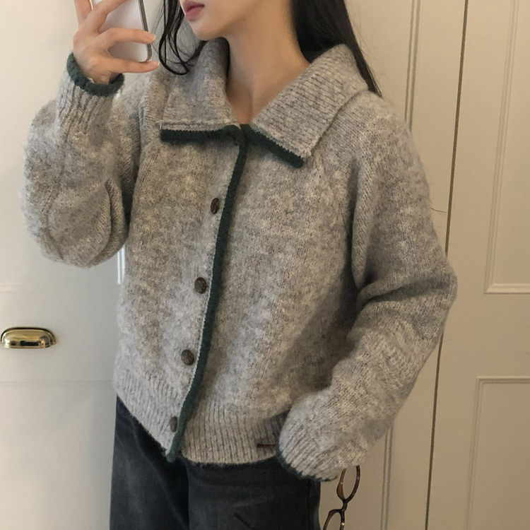 카라 배색 빈티지 버튼 단추 폭닥 가디건 4color